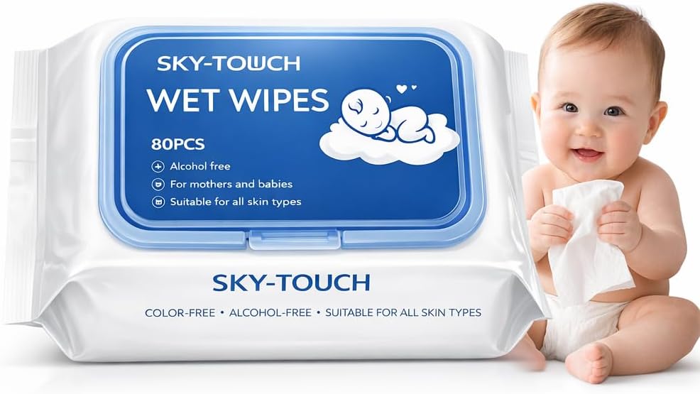 SKY-TOUCH Baby Wet Wipes | Ultra-Soft - 100% Pure Cotton Dry Baby Wipes | Use Wet or Dry | Soft & Sensitive | Extra Strong & Absorbent | Biodegradable, Natural, Chemical Free(1 Pack - 80 Count)