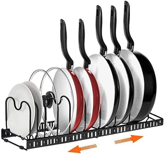 SKY-TOUCH Pot and Pan Organizers Rack : Expandable Pot Lid Organizer Holder with 10 Adjustable Compartment Cookware Plate Rack for Kitchen Cabinet Black