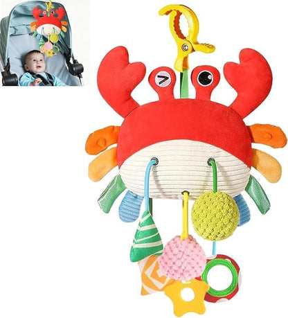 SKY-TOUCH Crab Car Seat Toy for Babies - Multi-Sensory Infant Stroller Toy with Mirror, Bell, Rattles, Crinkle, Teether - Safe, Soft, Fun Activity Toy for 18 months+