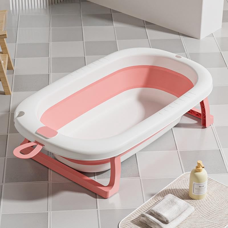 SKY-TOUCH Baby Foldable Bathing Tubs with Soft Bathmat Cushion & Thermometer, NewBorn Babybath Tub with Drain Hole, Non-Slip Support Leg for 0-6 Years Boy Girl (Pink)