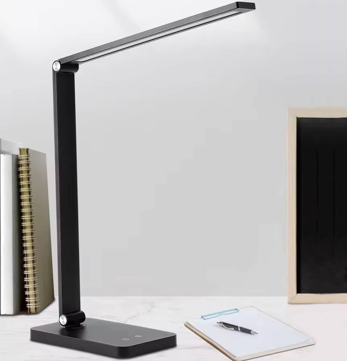 SKY-TOUCH Desk Lamp for Home Office,Touch switch, 3 levels of strong light adjustment, 5 levels of color temperature adjustment, mobile phone wireless charging,with USB Charging Port,Black,12*19*38cm