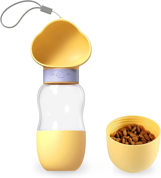 SKY-TOUCH Dog Water Bottle with Food Container, Portable Leak Proof Pet Water Dispenser, Travel Bowl for Walking Hiking Outdoor, Puppy Essentials for Small Medium Dogs(Yellow 350ml+200ml)