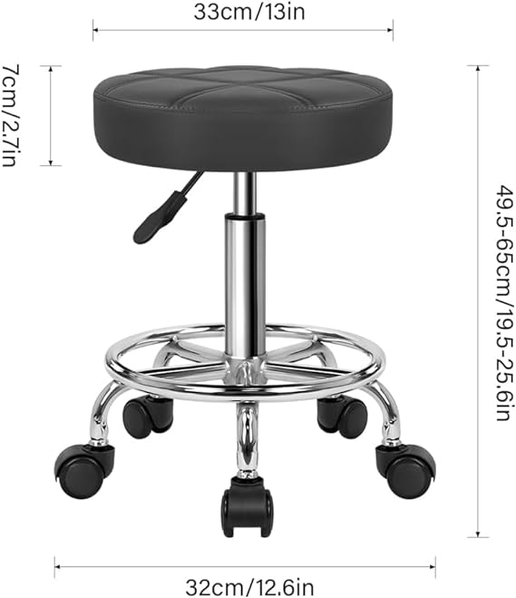 SKY-TOUCH Round Rolling Stool: Vanity Chair with PU Leather Height Adjustable 360° Swivel Stool with Wheels for Office Home Drafting Work Studio Shop SPA Salon