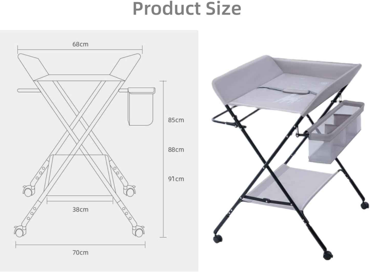 طاولة تغيير الحفاضات المحمولة للأطفال من سكاي تاتش، طاولة تغيير قابلة للطي مع عجلات، رف سفلي، سلة جانبية وسكة تعليق الملابس، تدليك رعاية حديثي الولادة والرضع (رمادي) 