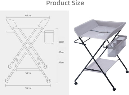طاولة تغيير الحفاضات المحمولة للأطفال من سكاي تاتش، طاولة تغيير قابلة للطي مع عجلات، رف سفلي، سلة جانبية وسكة تعليق الملابس، تدليك رعاية حديثي الولادة والرضع (رمادي) 