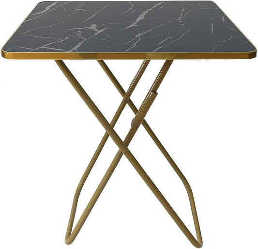SKY-TOUCH Folding Table, Multi-Purpose Iftar Table with Black Marble-Look Wood Top Gold Metal Frame, for Prayer, Dining, Sofa Side, Outdoor & Bedroom, No Assembly, Portable & Space-Saving(60*60*90cm)