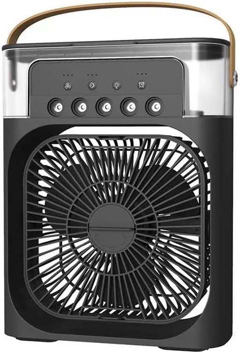 SKY-TOUCH 4 in 1 Portable Desk Fan with Cooling Mist,with 90° Oscillation,with Timer 1-3H, 3 Wind Speeds, 5 Spray Modes, 7 Colour Night Light for Home, Office, Bedroom, Black- 600ml Water Tank