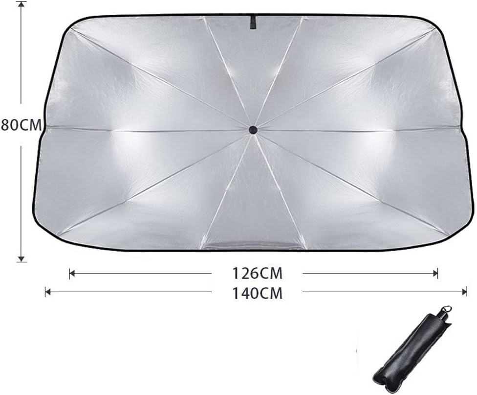 SKY-TOUCH Car Windshield Sun Shade Umbrella,Car UV Sunshade Umbrella Windshield Block Cover,Foldable Car Sun Visor Windshields Sun Shade Cover for Most Car with Leather storage pocket 140 * 80cm