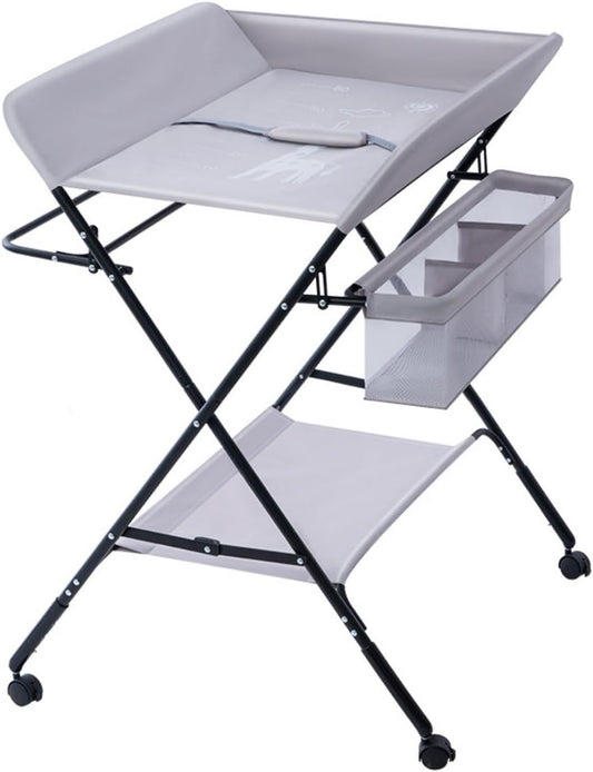 SKY-TOUCH Portable Baby Changing Table Dresser, Foldable Changing Table with Wheels, Bottom Rack, Side Basket and Clothes Rail, Newborns & Infant Care Massage (Grey)