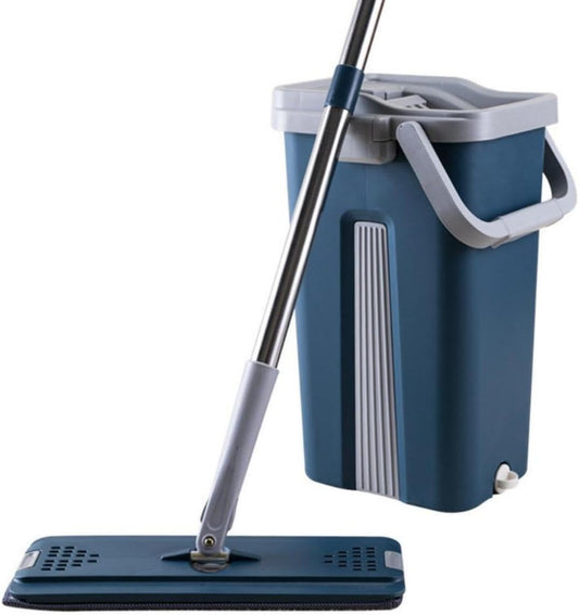 SKY-TOUCH Mop and Bucket : Flat Mop Bucket System with Wringer Set Squeeze Mop Bucket Set with Long Handle for Home Office Floor Wall Windows (Grey&Blue)