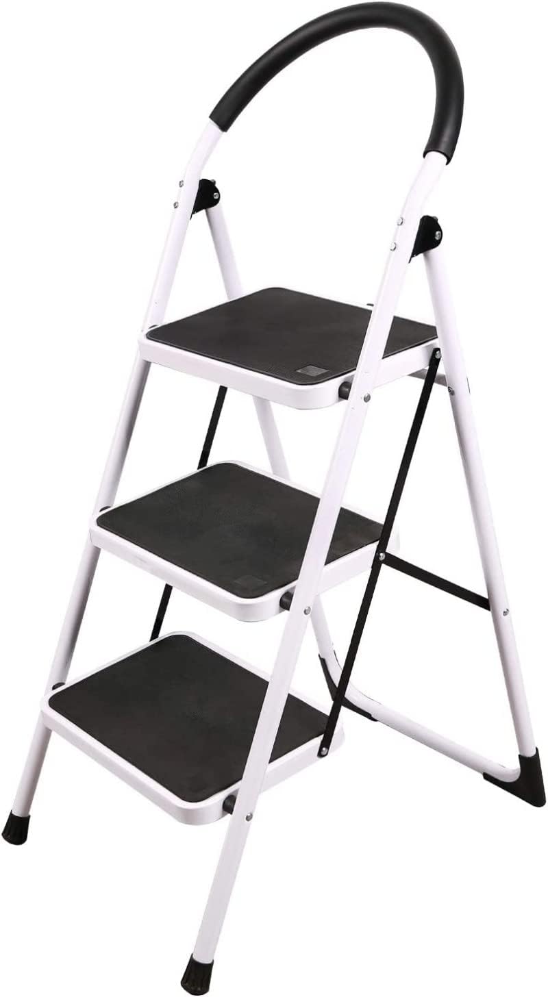 SKY-TOUCH Foldable Ladder, Home Ladder Folding Step Stool with Wide Anti-Slip Pedal, Adults Folding Sturdy Steel Ladder for Home,Kitchen, Garden, Office