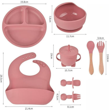 SKY-TOUCH 8 Pcs Silicone Baby Feeding Set, Baby Led Weaning Supplies with Suction Bowl Divided Plate, Self Feeding Spoons Forks Sippy Cup Adjustable Bib, for 6+ Months (Pink)