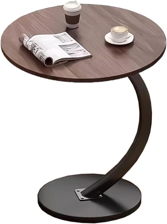 SKY-TOUCH C Shaped End Table : Couch Side Table with Metal Frame Round Wood Tray Table for Living Room Bedroom Bedside Laptop Snack Coffee Walnut&Black