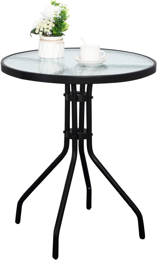 SKY-TOUCH Round Glass Table : Outdoor Patio Table with Waterwave Tempered Glass Outdoor Coffee Table with Metal Frame for Home Patio Backyard Yard Balcony Lawn (60 * 70cm Black)