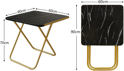 SKY-TOUCH Folding Table, Multi-Purpose Iftar Table with Black Marble-Look Wood Top Gold Metal Frame, for Prayer, Dining, Sofa Side, Outdoor & Bedroom, No Assembly, Portable & Space-Saving(60*60*90cm)