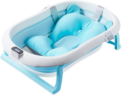 SKY-TOUCH Baby Foldable Bath Tub with Bathmat Cushion & Thermometer, Portable Baby Bathtub with Drain Hole, Shower Basin with Non-Slip Support Leg for 0-6 Years Boy Girl