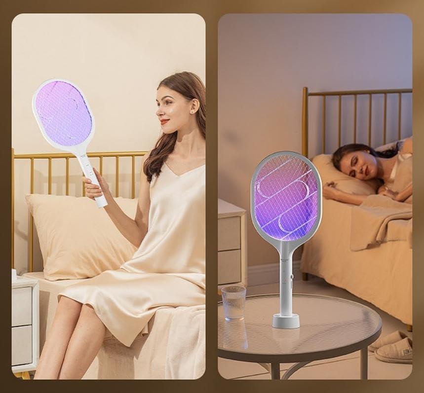 SKY-TOUCH Electric Fly Swatter : Rechargeable Handheld Bug Zapper Dual Modes Mosquito Killer with Purple Mosquito Light for Home Bedroom Kitchen Office Backyard Patio Indoor Outdoor White