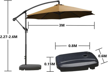 SKY-TOUCH 3M Patio Umbrella: 8 Ribs Offset Hanging Sun Shade Umbrella with Adjustable Height and Tilt Angle Fade Resistant Recycled Fabric Canopy for Yard Garden (Cross Base with Water Tank, Beige)