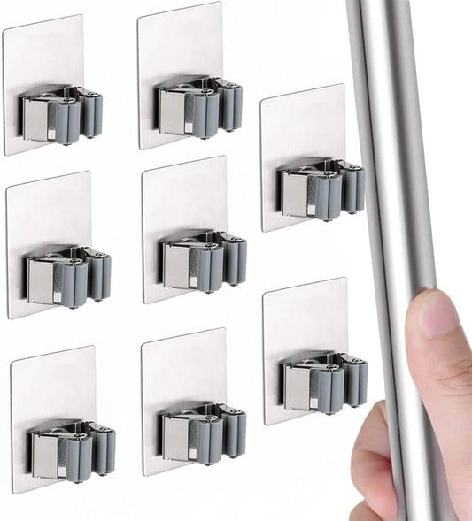 SKY-TOUCH 8 Pack Mop And Broom Holder,Wall Mount - Self Adhesive No Drilling,Anti-Slip Broom and Mop Wall Hanger Organizer,for Home, Kitchen, Garden, Garage Storage - Stainless Steel,Waterproof