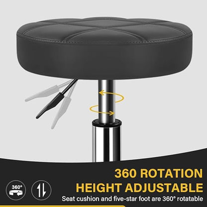 SKY-TOUCH Round Rolling Stool: Vanity Chair with PU Leather Height Adjustable 360° Swivel Stool with Wheels for Office Home Drafting Work Studio Shop SPA Salon