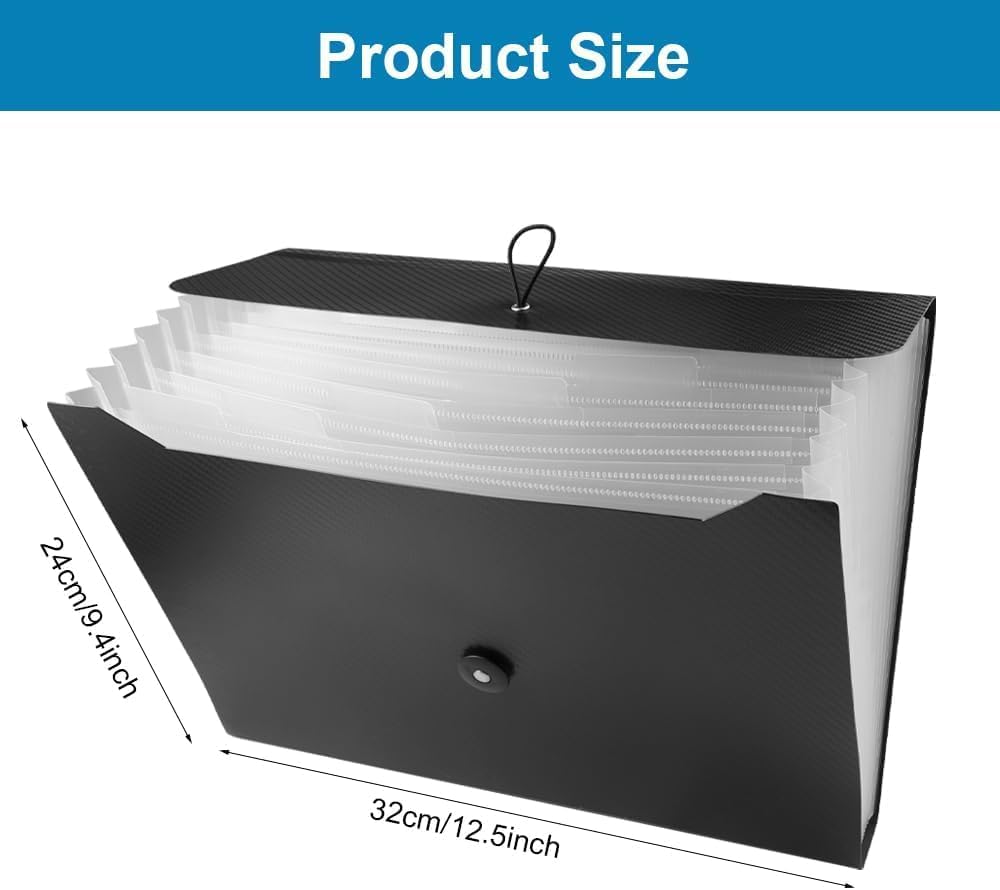 SKY-TOUCH 25-Compartment Accordion File Folder with Hanging Strap – A4 Document Organizer, 13 Pockets with Transparent Pages, Black & Clear, Ideal for Papers, Reports, & Files