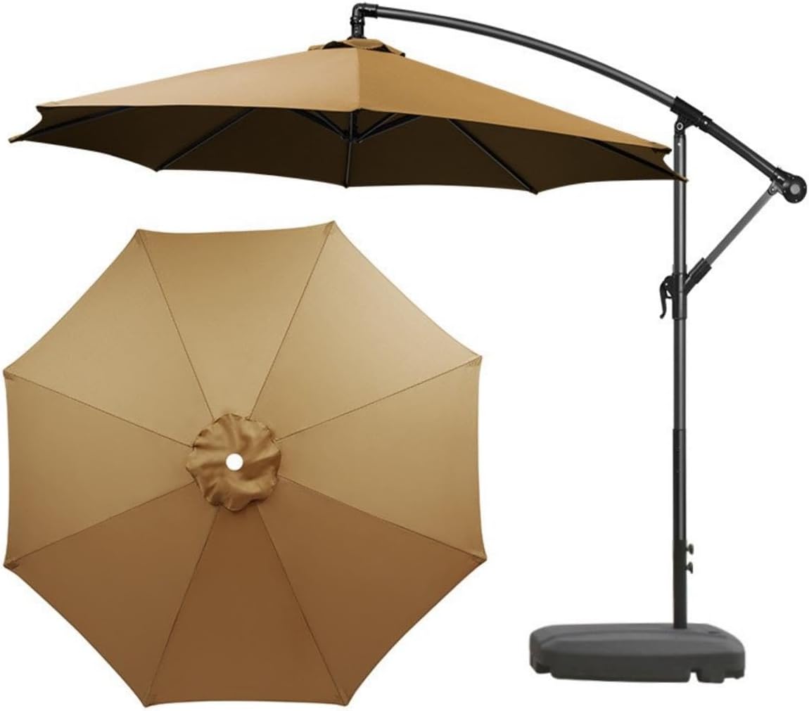 SKY-TOUCH 3M Patio Umbrella: 8 Ribs Offset Hanging Sun Shade Umbrella with Adjustable Height and Tilt Angle Fade Resistant Recycled Fabric Canopy for Yard Garden (Cross Base with Water Tank, Beige)