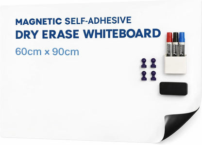 SKY-TOUCH Magnetic Whiteboard Paper, 60 x 90cm, DIY Self-Adhesive Dry Erase Board Sheets, Whiteboard Film Stick on Wall for Office, Home, School - with 3 Markers, 1 Eraser, and 4 Magnets