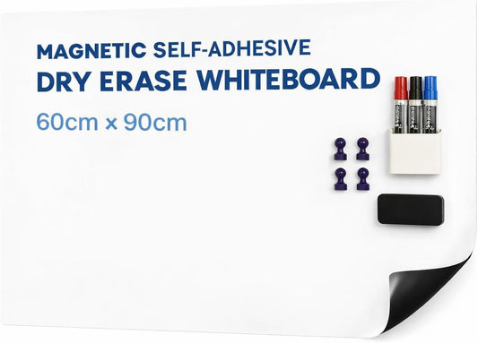 SKY-TOUCH Magnetic Whiteboard Paper, 60 x 90cm, DIY Self-Adhesive Dry Erase Board Sheets, Whiteboard Film Stick on Wall for Office, Home, School - with 3 Markers, 1 Eraser, and 4 Magnets