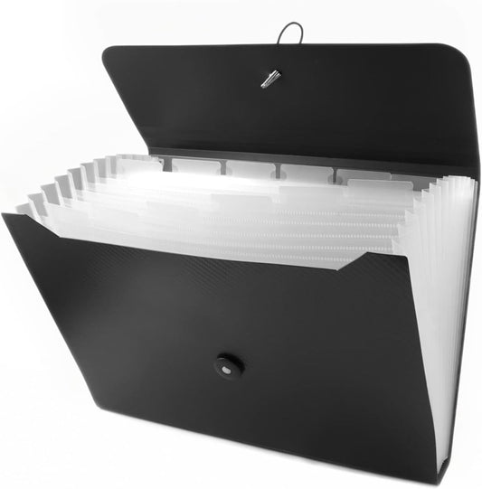 SKY-TOUCH 25-Compartment Accordion File Folder with Hanging Strap – A4 Document Organizer, 13 Pockets with Transparent Pages, Black & Clear, Ideal for Papers, Reports, & Files