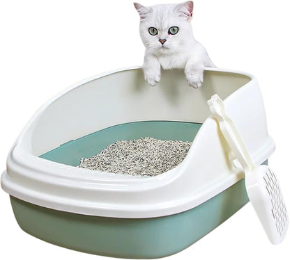 SKY-TOUCH Cat Litter Tray Box,Litter Box with High Side,Anti-Splashing Cats Litters Box,Cat Toilet with Litter Sifting Scoop, Filtered Litter Pedal,Detachable Rim,Easy Cleaning,51 * 38 * 22cm,Green