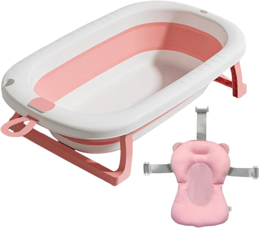 SKY-TOUCH Baby Foldable Bathing Tubs with Soft Bathmat Cushion & Thermometer, NewBorn Babybath Tub with Drain Hole, Non-Slip Support Leg for 0-6 Years Boy Girl (Pink)