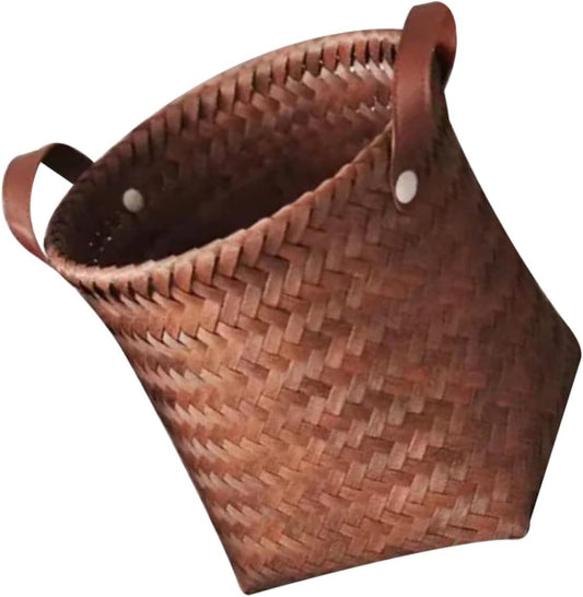 SKY-TOUCH Round Rattan Storage Basket with Handle,Strong and Durable Hand-Woven Rattan Basket for Organizing,Storage and Organizer Baskets,26x26x26cm, Coffee Color
