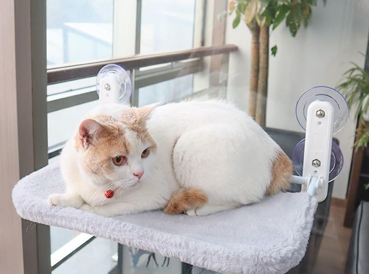 SKY-TOUCH Cat Window Perch : Foldable Cordless Cat Hammock with 4 Strong Suction Cups Solid Metal Frame Soft Plush Pad for Cats Sunbathing Napping Overlooking