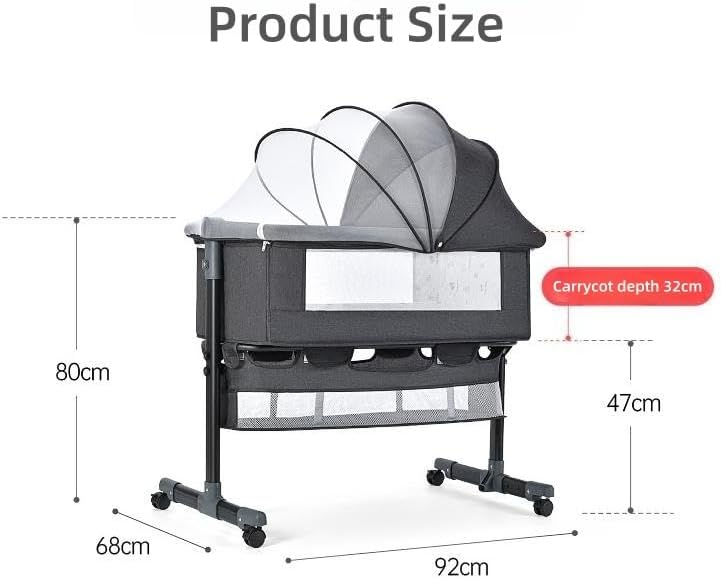 SKY-TOUCH Baby Bedside Crib Adjustable, Baby Cradle With Large Storage Basket, Travel Crib with Mattress Breathable Net,Mosquito Net Detachable, Soft Mattress 360°Swivel Wheels, for Infants Newborn