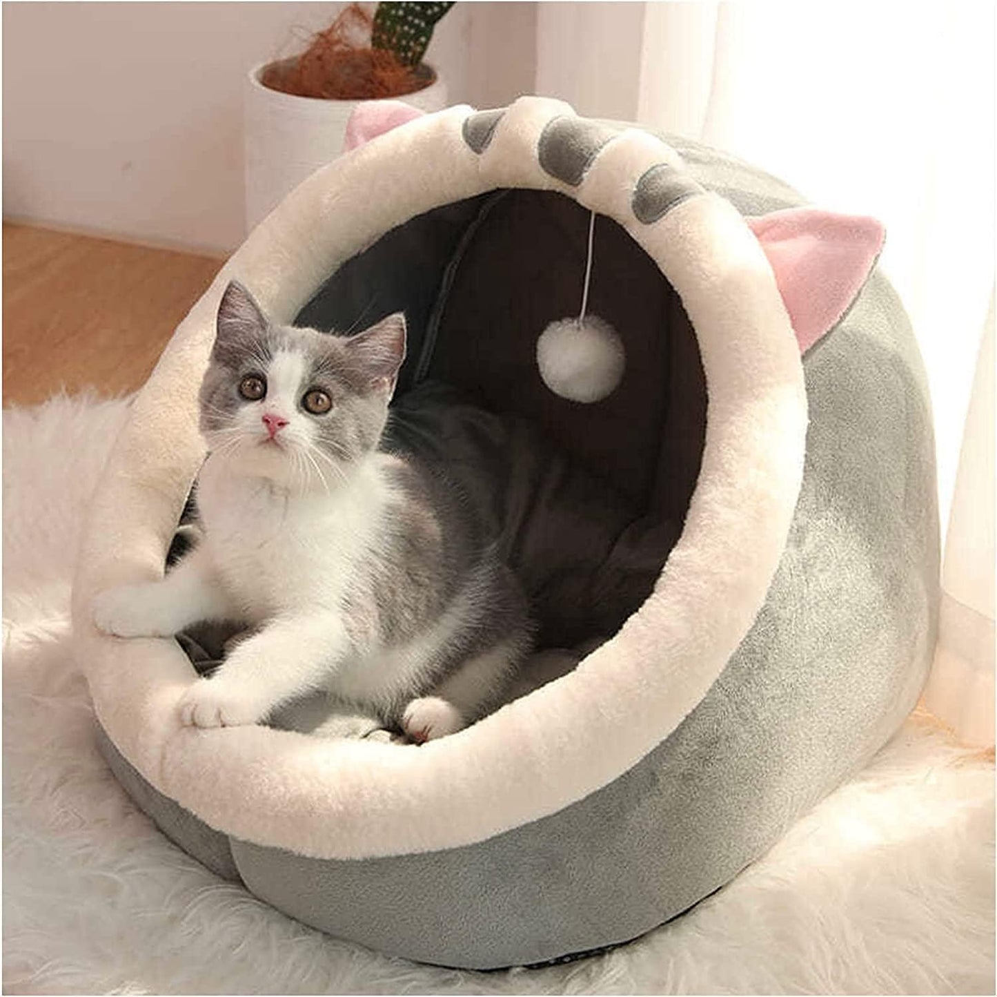 SKY-TOUCH Indoor Cat Bed, Semi-enclosed Cat Igloo Cave Bed for Indoor Kittens, Round Donut Cat House Nest with Fluffy Ball Hanging, Soft Pet Cat Cave for Cats with Anti-Slip Bottom, 48x45x40cm