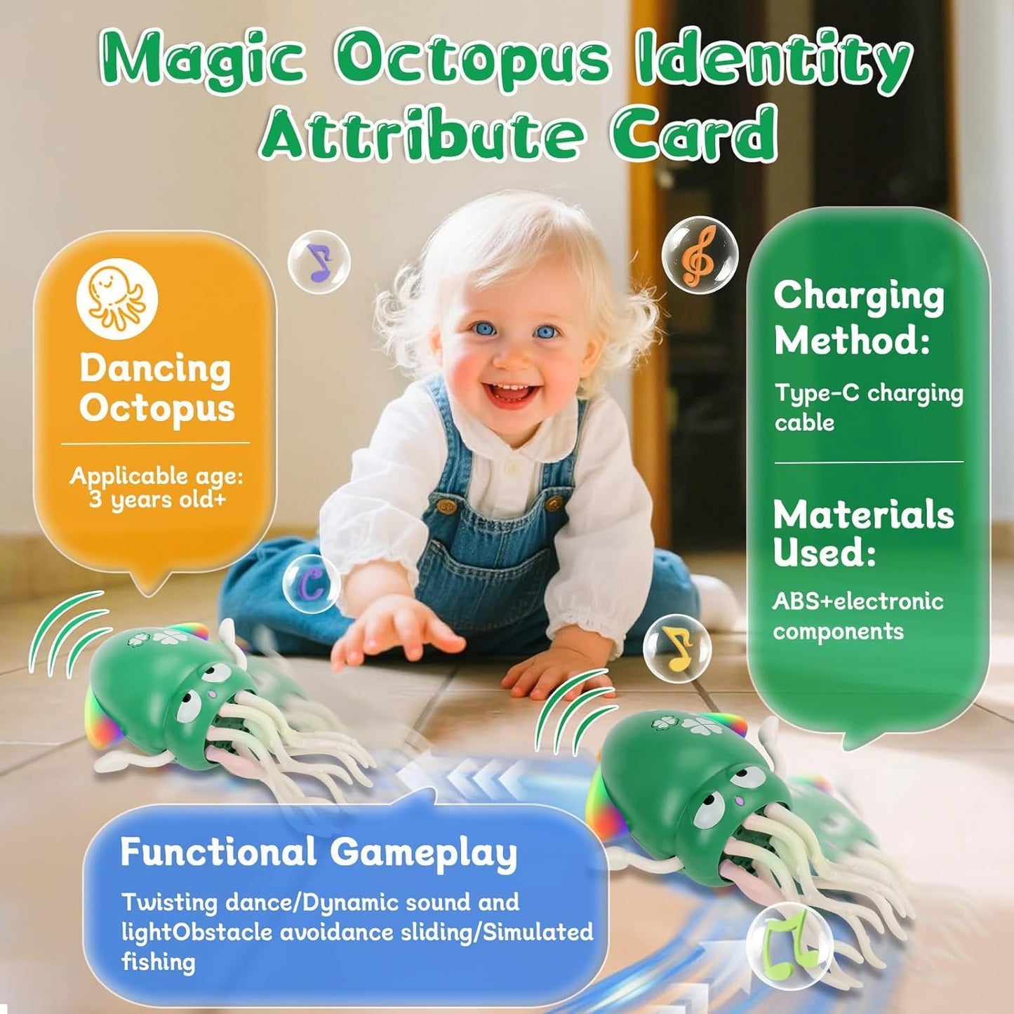 SKY-TOUCH Electric Dancing Octopus Toy, Rechargeable Crawling Octopus Toy with LED Light ＆ Music, Funny Electric Baby Sensory Toys, Magical Dancing Toys for 3 + Year Old Boys Girls