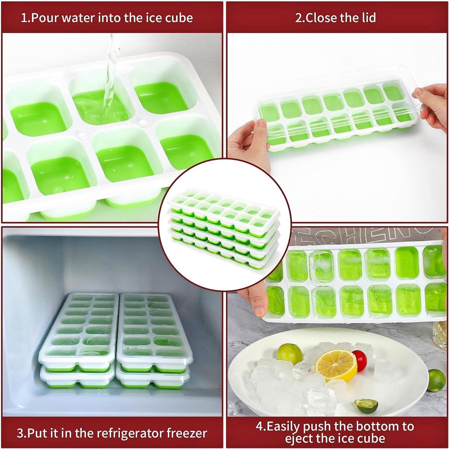 SKY-TOUCH 4 Pack Ice Cube Trays with Clear Removable Lid Easy-Release Silicone Flexible Ice Cube Moulds and BPA Free Stackable Durable - Green, 25x10x3cm