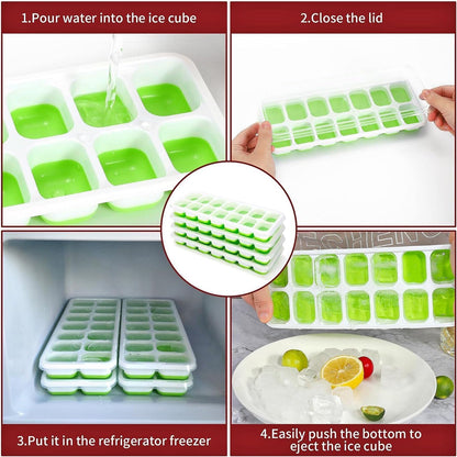 SKY-TOUCH 4 Pack Ice Cube Trays with Clear Removable Lid Easy-Release Silicone Flexible Ice Cube Moulds and BPA Free Stackable Durable - Green, 25x10x3cm