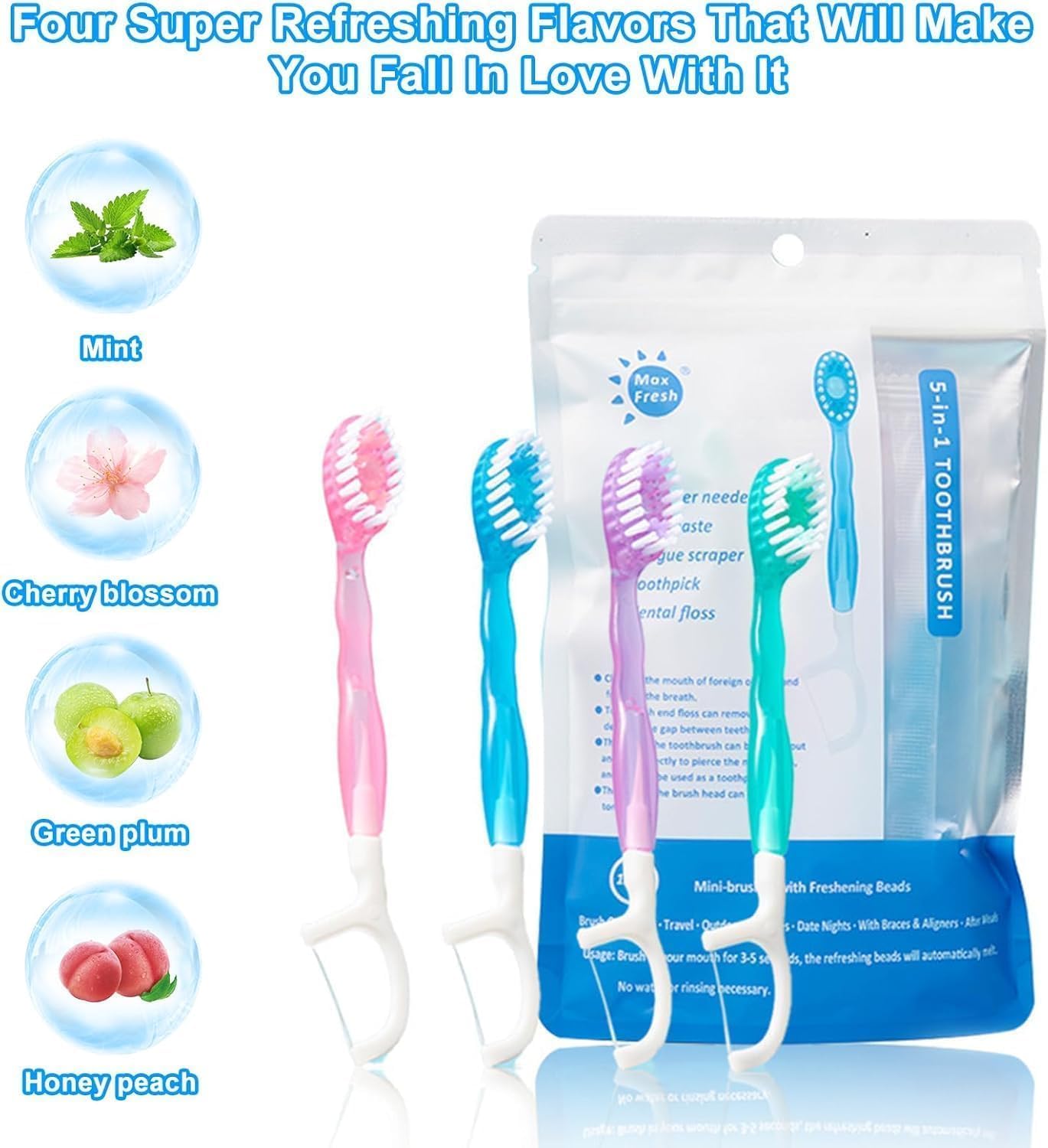 SKY-TOUCH 5 in 1 Toothbrush & Floss, 26Pcs mini toothbrushes with Toothpaste, All in one Oral Care on The go, 5 in 1 mini Brush, Toothpaste and Floss, Disposable Travel Toothbrush Set