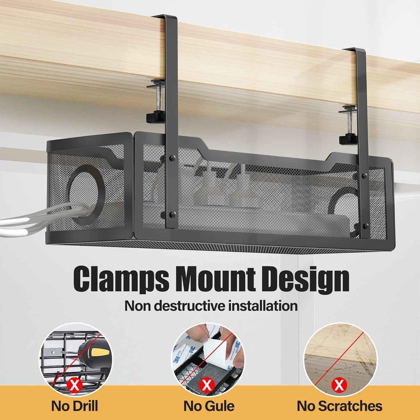 SKY-TOUCH Under Desk Cable Management Tray, Metal Cable Tray with Clamp for Desk Wire Management,Desk Cable Management Box for Office, Home - No Drill, Black 34x12x8cm