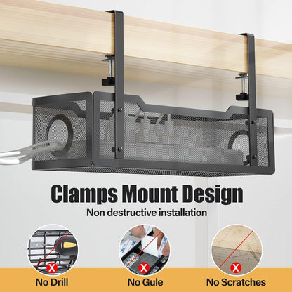 SKY-TOUCH Under Desk Cable Management Tray, Metal Cable Tray with Clamp for Desk Wire Management,Desk Cable Management Box for Office, Home - No Drill, Black 34x12x8cm