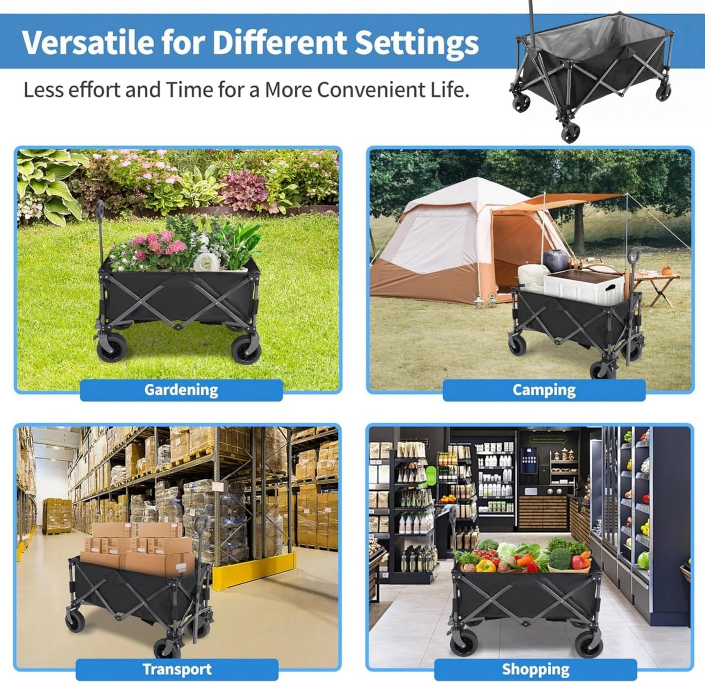 SKY-TOUCH Garden Cart Camping Wagon Foldable, Shopping Trolleys Utility Outdoor Wagon Collapsible Garden Camping Picnic Cart