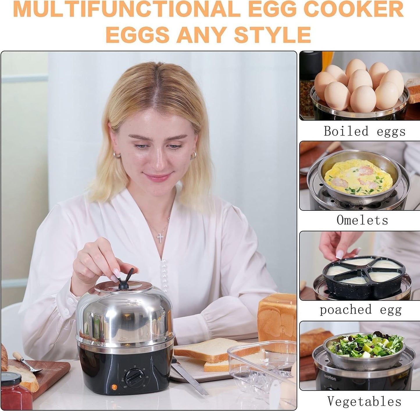 SKY-TOUCH Rapid Electric Egg Cooker, 9 Egg Capacity with 350W Rapid Steam, 304 Stainless Steel Egg Steamer with Cooking Rack and 2 Steaming Bowl for Cook Eggs, Automatically Closed