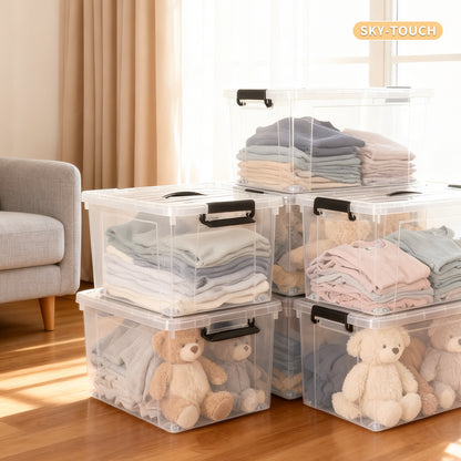 SKY-TOUCH 47L Clear Plastic Storage Box with Lid and Wheels,Stackable Organizer Bin with Handles,Design for Easy Mobility,Ideal for Clothes,Closet Storage,Home Storage Organization,48x28x35cm,1 pack