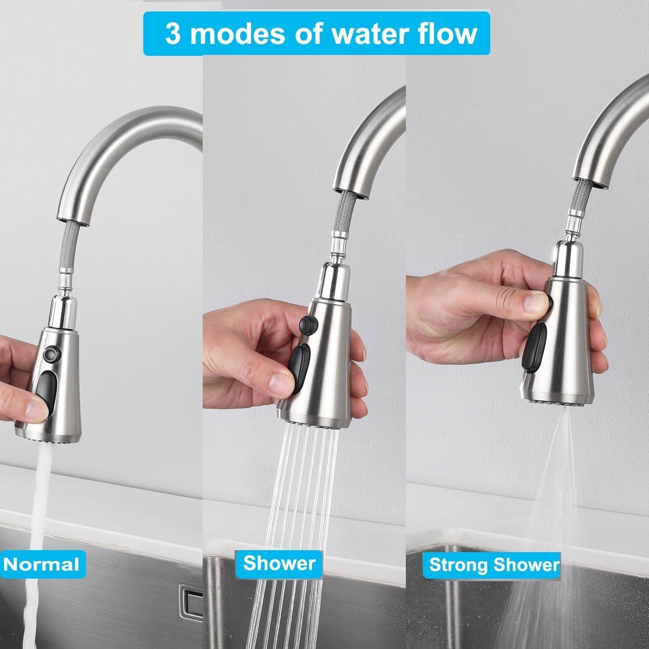 SKY-TOUCH Kitchen Faucet Tap with Pull Down Sprayer,3 Spray Mode High Pressure Kitchen Faucet for Kitchen - Stainless Steel Sink Mixer Tap,80CM water inlet pipe