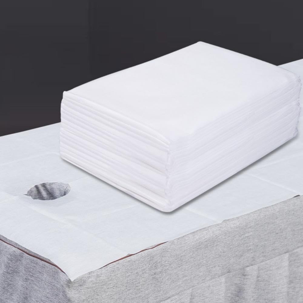 SKY-TOUCH 50Pcs Disposable Massage Table Sheets with Face Hole Waterproof & Oil-Resistant Non-Woven Bed Covers for Spa, Massage & Beauty Treatments, Breathable Hygienic & Comfortable (White 180*80cm)
