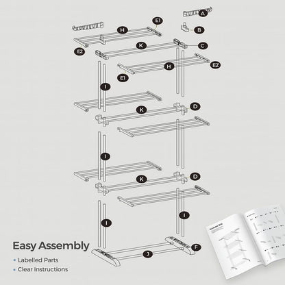 SKY-TOUCH 4 Tier Foldable Clothes Drying Rack, Laundry Drying Rack with Two Side Wings, Movable Drying Rack with 4 castors, 24 Drying Poles & 14 Hooks, Space-Saving, for Bed Linen, Clothing - Grey