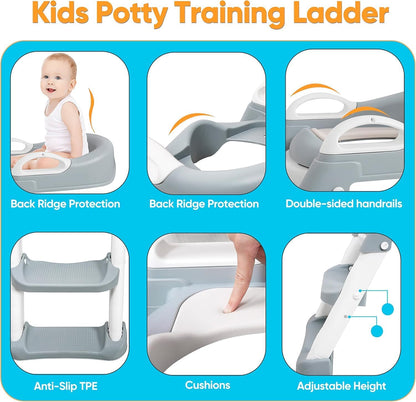 SKY-TOUCH Kids Potty Training Seat with Steps,Adjustable Toddlers Potty Toilet Trainer,Toilet Ladder Seat, Folding Children's Toilet Training with Steps Non Slip & Space Efficient for Boys Girls，Grey