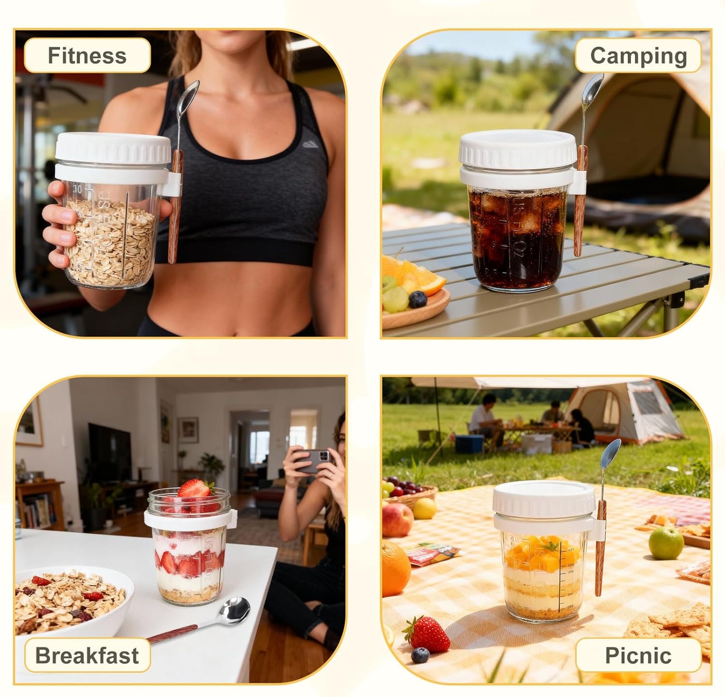 SKY-TOUCH 2 Pack Overnight Oats Jars, Overnight Oats Container with Lid and Spoon, 10 oz Cereal, Milk, Vegetable and Fruit Salad Storage Container with Measurement Marks (WHITE)