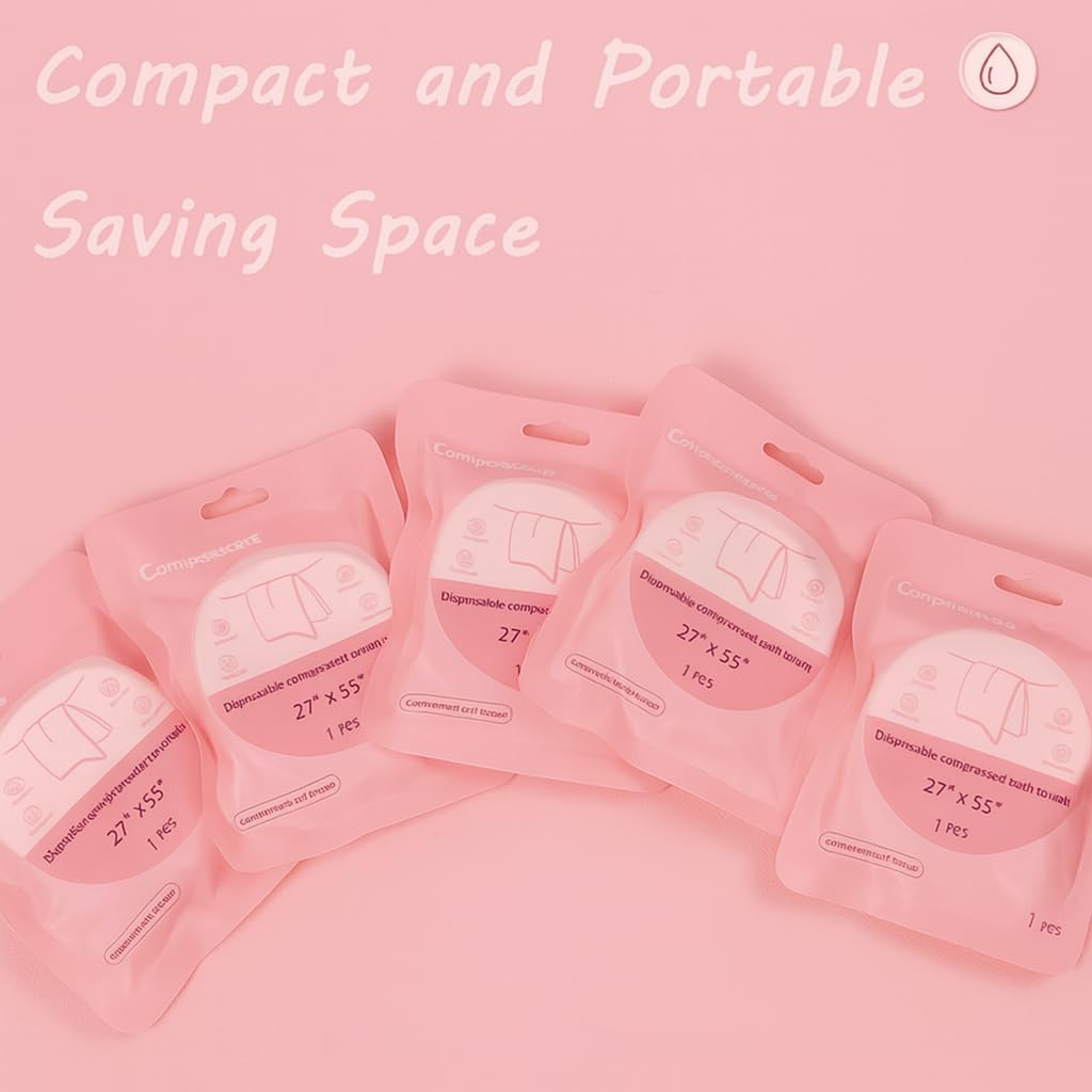 SKY-TOUCH 5Pcs Large Compressed Disposable Bath Towels, 70x140cm Portable Single-Use Towels, Soft and Absorbent Travel Towels for Camping, Hotel, Beach, Gym, and Outdoor Use(Pink)